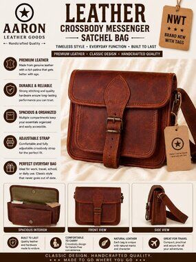NWT Aaron Leather Goods Genuine Leather Crossbody Messenger Satchel Bag Brown
